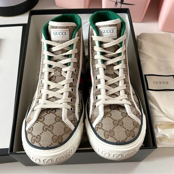 💥SOLD💥 GUCCI $790 1977 GG Monogram Canvas High Top Tennis Sneakers 39 / 9 - Picture 6 of 9